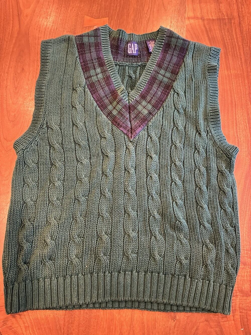 VTG GAP Black Watch Plaid Green Cable Knit V Neck Tennis Sweater Preppy Golf Med